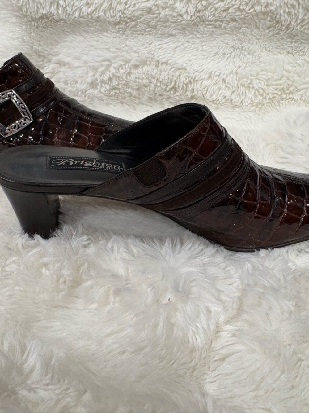 Brighton  Dark Brown Croc-Embossed Slip-On Mules with Silver Buckle - Picture 3 of 12
